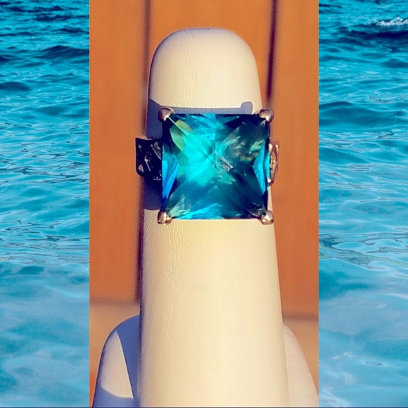 Stunning Caribbean Blue Sterling Ring with Openwork Band Size 8 925 - Picture 2 of 9